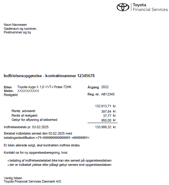 Toyota Finans restgældsopgørelse